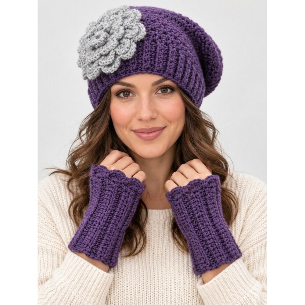 NWOT Handmade Women's Purple Knit Beanie Hat & Wrist Warmers Set, Gray Flower